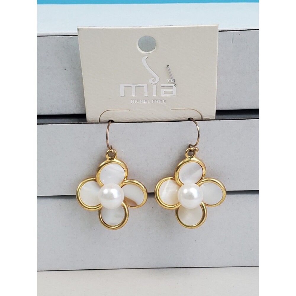 Mia Gold-Tone Mother of Pearl Style Flower Drop Earrings Pearl Accent Petals